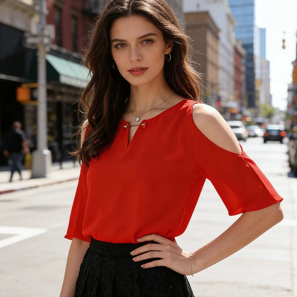 Shoulder Short Sleeve Summer Blouse Women