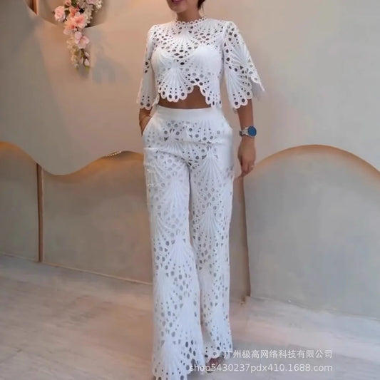 Women 2 Pieces Outfit Lace Hollow Out Bell Sleeve Crop Top