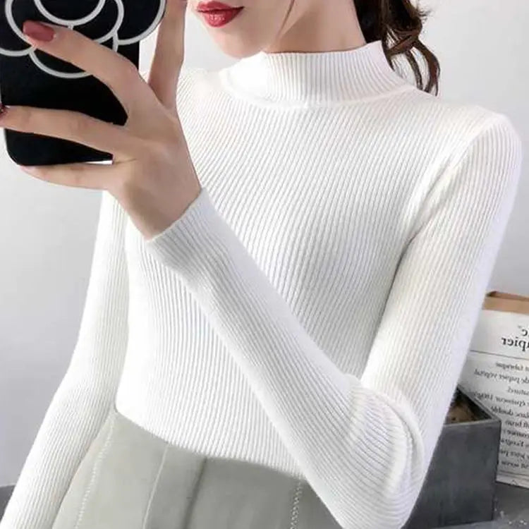 Autumn Winter Mock Neck Women Sweater Vintage Basic Solid