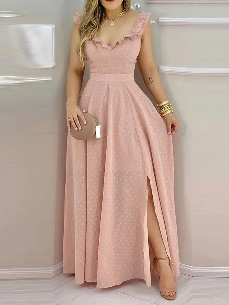 Women's Yellow Polka Dot Maxi Dress Ruffled Neckline Back Tie Side Slit