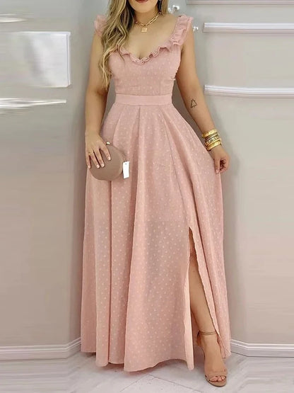 Women's Yellow Polka Dot Maxi Dress Ruffled Neckline Back Tie Side Slit