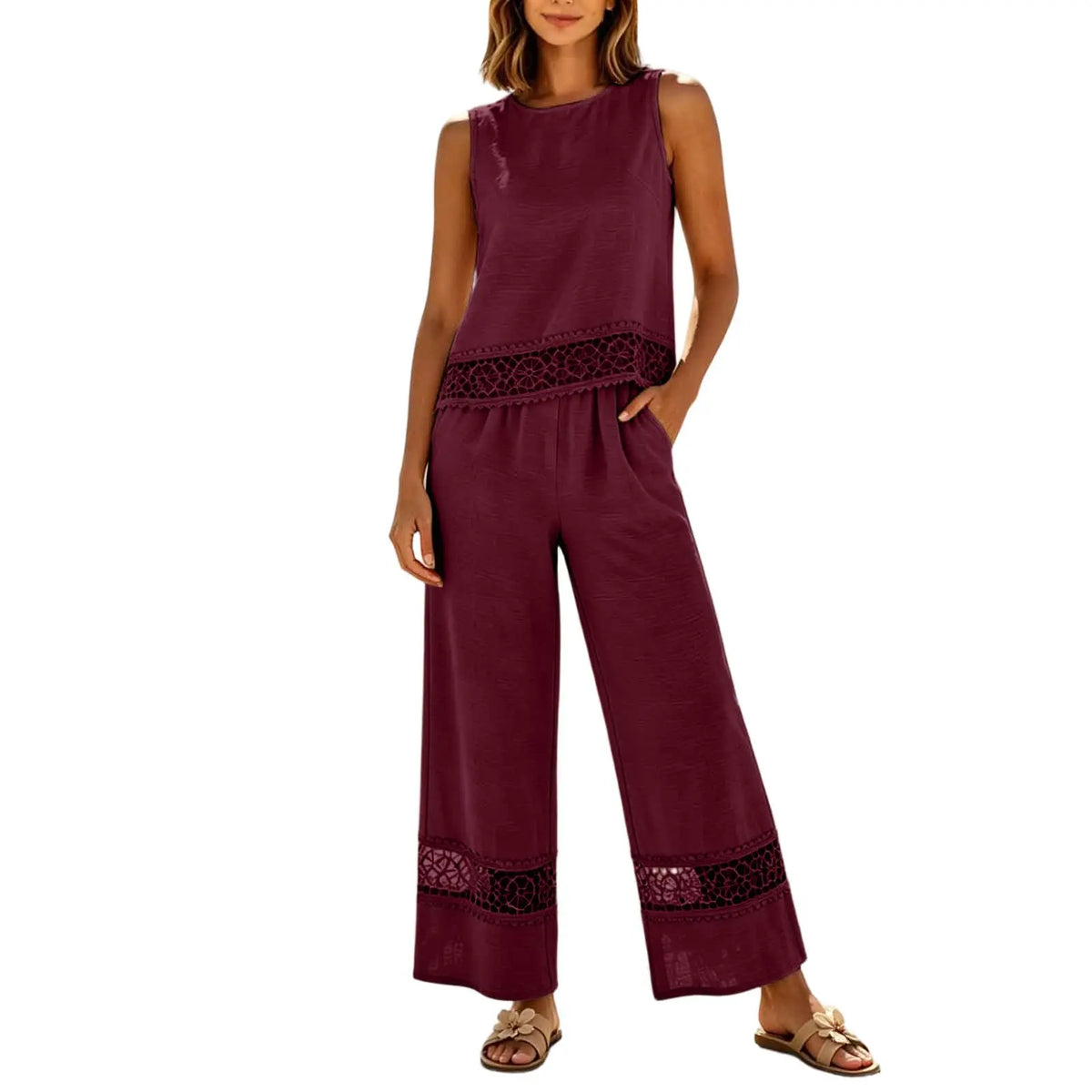 Women's 2 Piece Lace Set - Crop Top & Wide Leg Pants