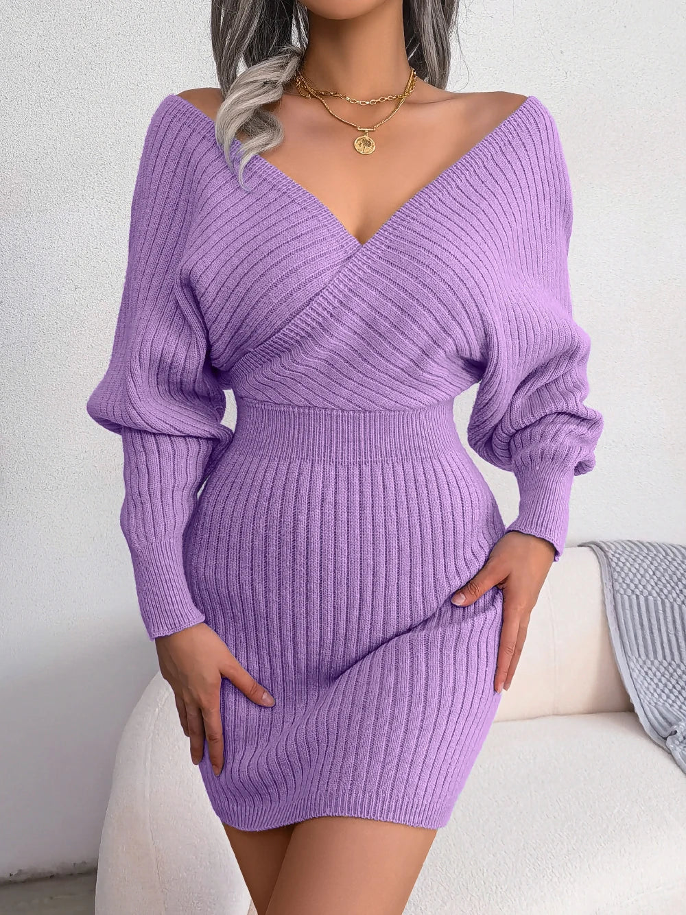 1) Bodycon Sweater Dresses For Women 2023 Autumn Winter Casual Long Sleeve Knitted Clothes White Green Blue Black Purple