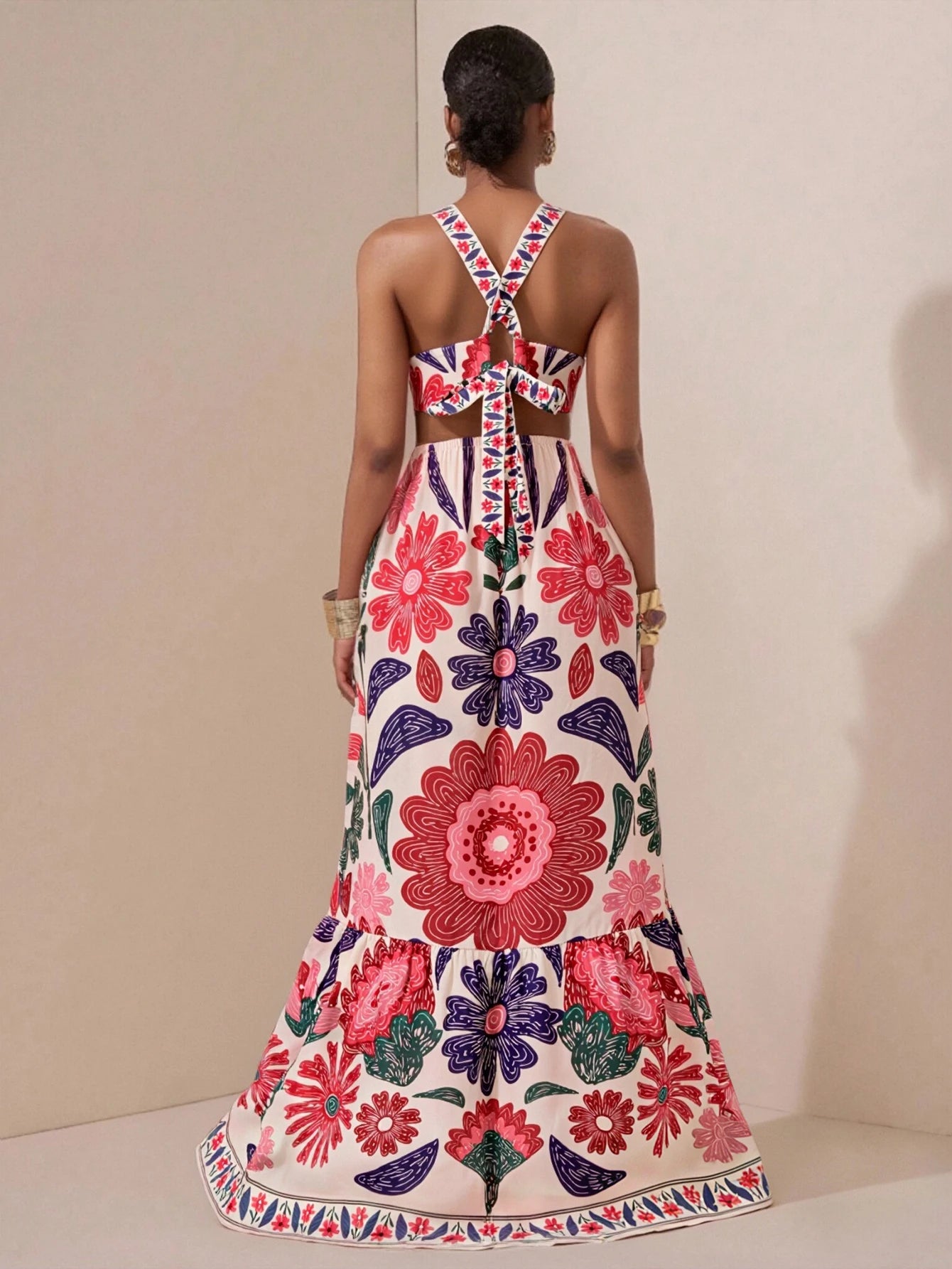 Women's Floral Halter Maxi Dress – Cutout Waist & Ruffle Hem