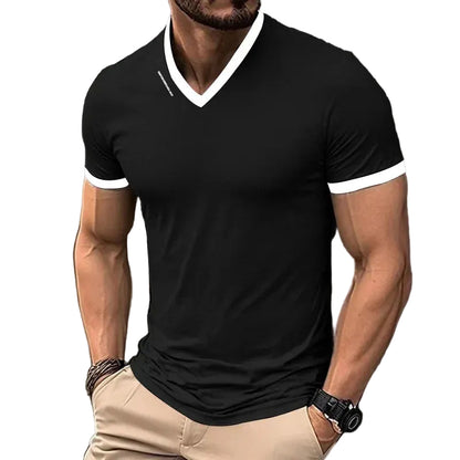Men's Casual and Fashionable Solid Color V-neck Short Sleeved