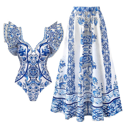 2-Piece Shoulder Ruffle Swimsuit With Cover Up Sexy Women