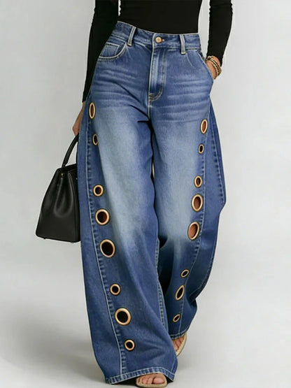 Women's Washed Blue High-Waist Metal Grommet Wide
