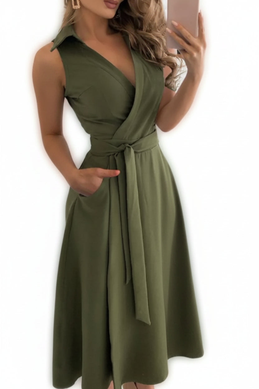 V-neck Lace Up Short Sleeved Solid Color Pocket Women
