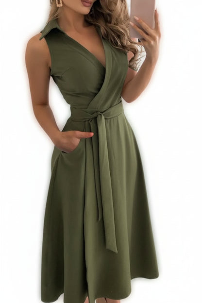 V-neck Lace Up Short Sleeved Solid Color Pocket Women