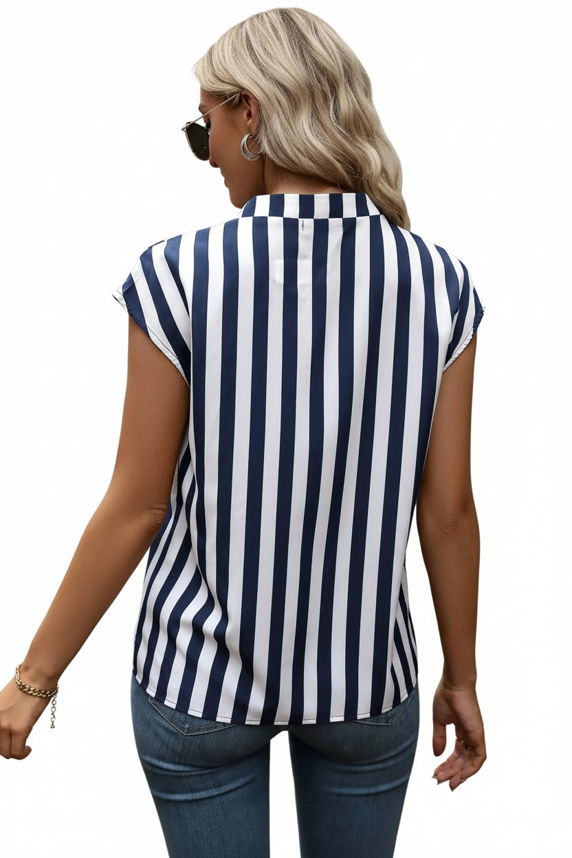 Elegant striped blouse with a flattering V-neck design, perfect for a casual yet stylish look.
