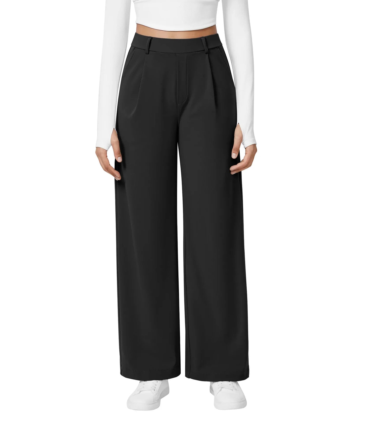 Flex High Waisted Work Pants Plicated Side Pockets Straight Leg