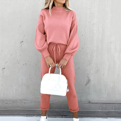 1) 2025 Autumn and Winter Women's Sweater High Collar Casual Pure Color Trousers Two-piece Set