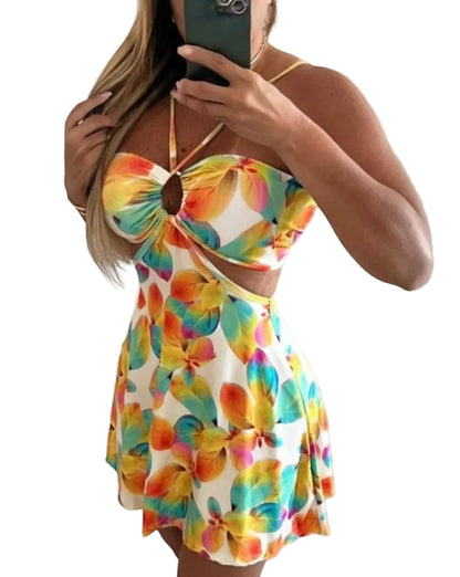 Floral Print Halter Tied Detail Elastic Shirred Back Mini Dress