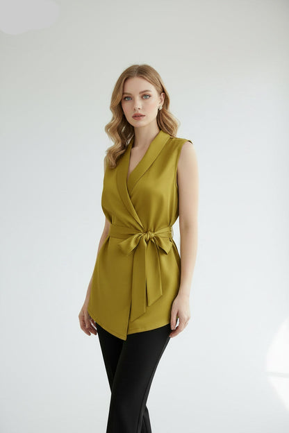 Women Shiny Satin Blouses Elegant Wrapped V