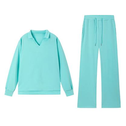 1 European and American Autumn and Winter New Fashion Casual Women's Long Sleeved Drawstring Solid Color Commuting Pants Set