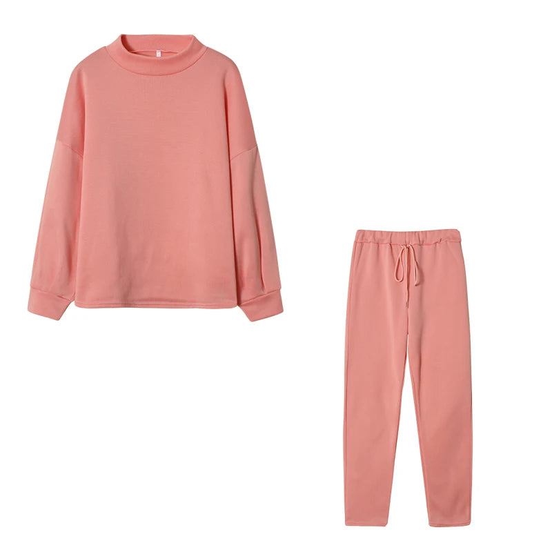 1) 2025 Autumn and Winter Women's Sweater High Collar Casual Pure Color Trousers Two-piece Set