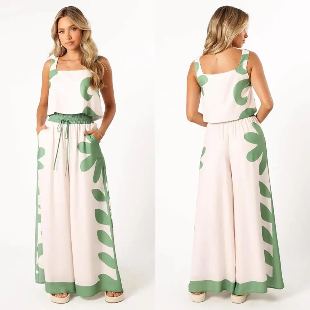 Women's Floral Print Vest & Wide Leg Pants Set
