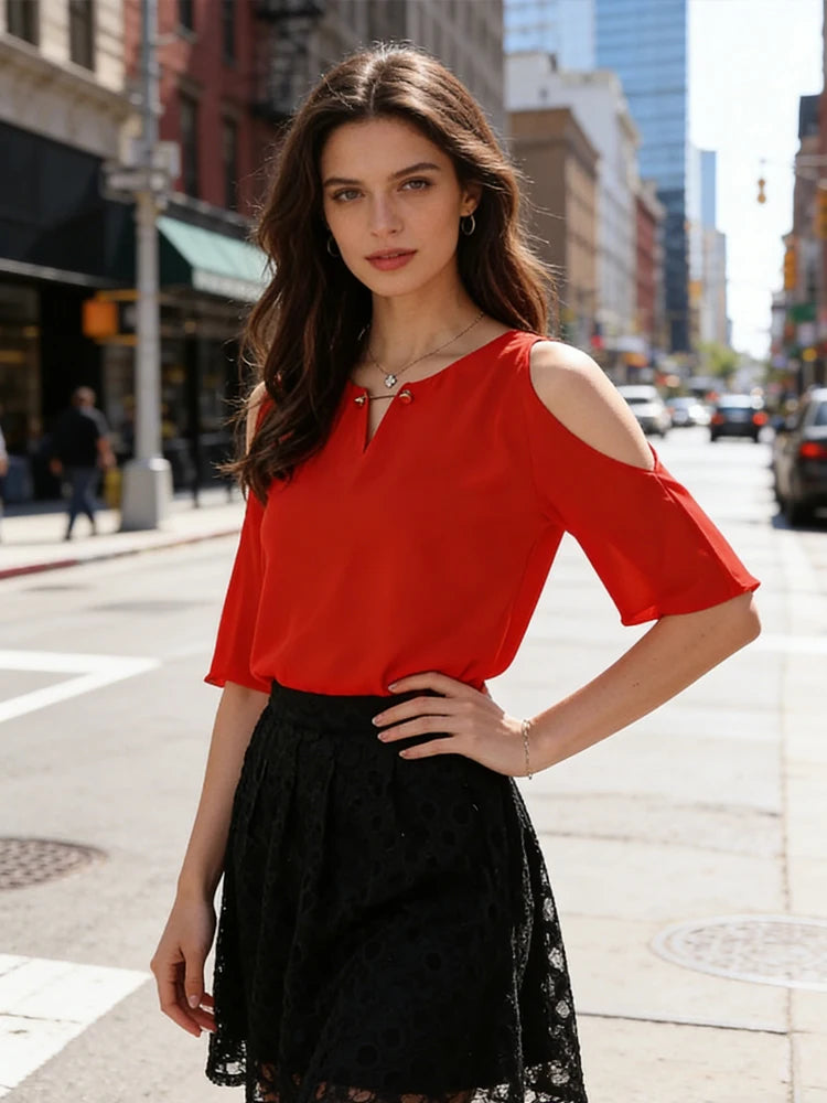 Shoulder Short Sleeve Summer Blouse Women