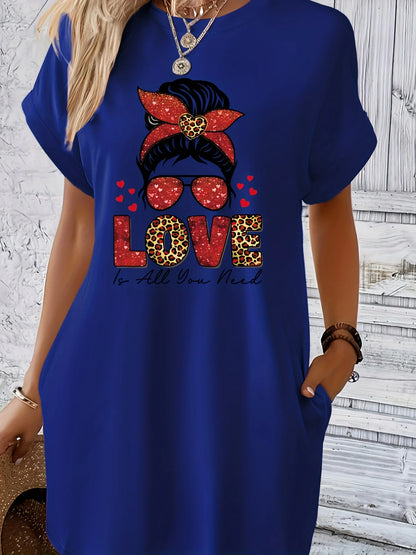 Women'S Casual Knit TShirt Dress with Letter Print Crew Neck Short