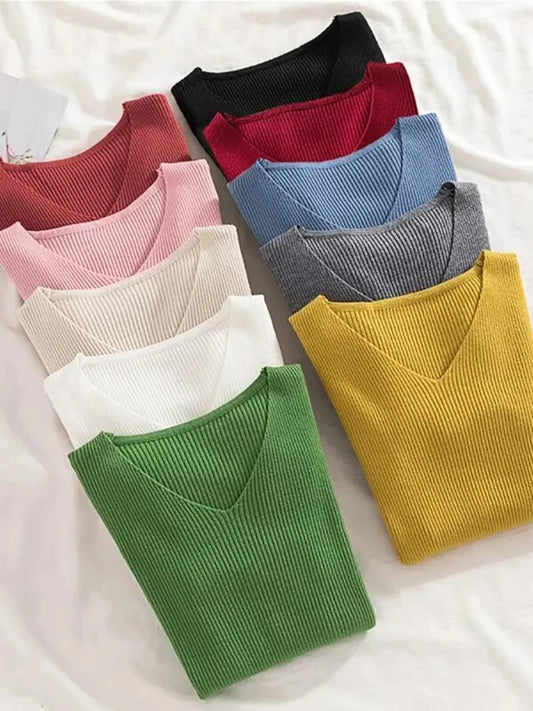 1) 2025 New Women Sweater Autumn Winter Long Sleeve Pullover Basic Top Fashion V-neck Elastic Female Winter Solid Knitted Jumper
