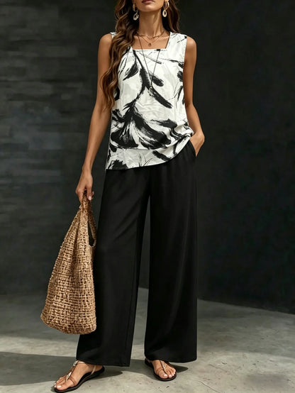 Women's 2-Piece Vacation Set - Tank Top & Leaf Print Wide Leg Pants
