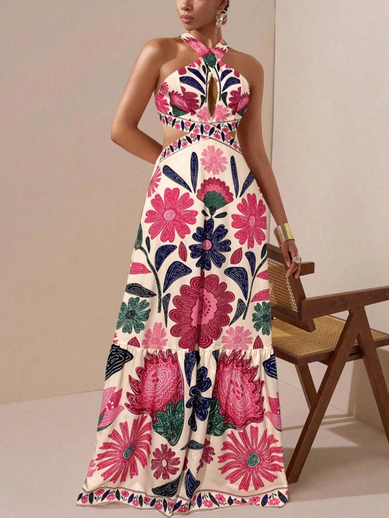 Women's Floral Halter Maxi Dress – Cutout Waist & Ruffle Hem