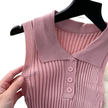 Women's Baby Pink Halter Neck Sleeveless Polo Collar Button