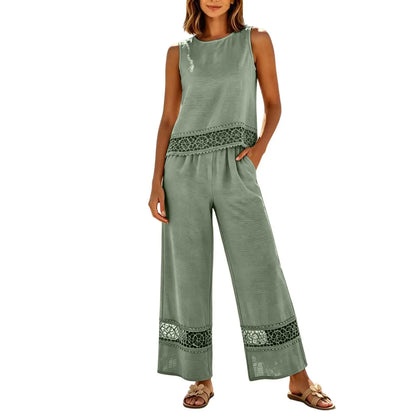 Women's 2 Piece Lace Set - Crop Top & Wide Leg Pants