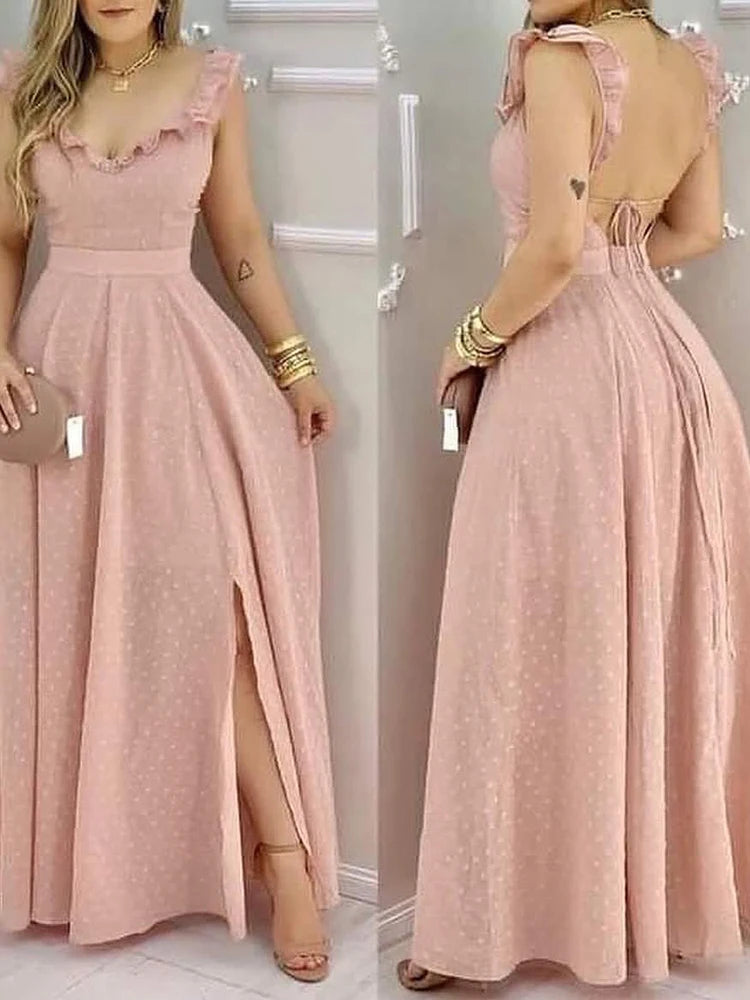 Women's Yellow Polka Dot Maxi Dress Ruffled Neckline Back Tie Side Slit