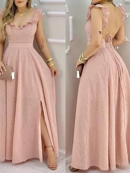 Women's Yellow Polka Dot Maxi Dress Ruffled Neckline Back Tie Side Slit