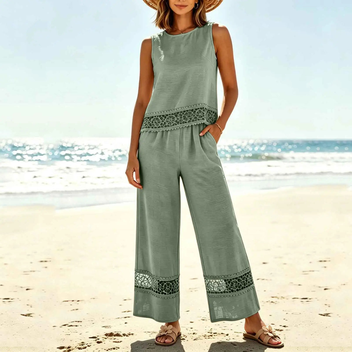 Women's 2 Piece Lace Set - Crop Top & Wide Leg Pants