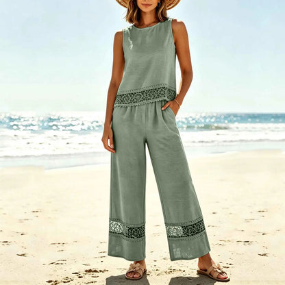 Women's 2 Piece Lace Set - Crop Top & Wide Leg Pants