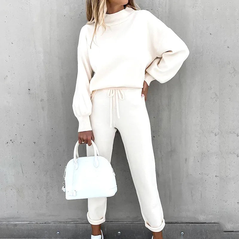 1) 2025 Autumn and Winter Women's Sweater High Collar Casual Pure Color Trousers Two-piece Set