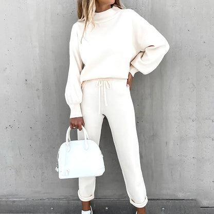 1) 2025 Autumn and Winter Women's Sweater High Collar Casual Pure Color Trousers Two-piece Set