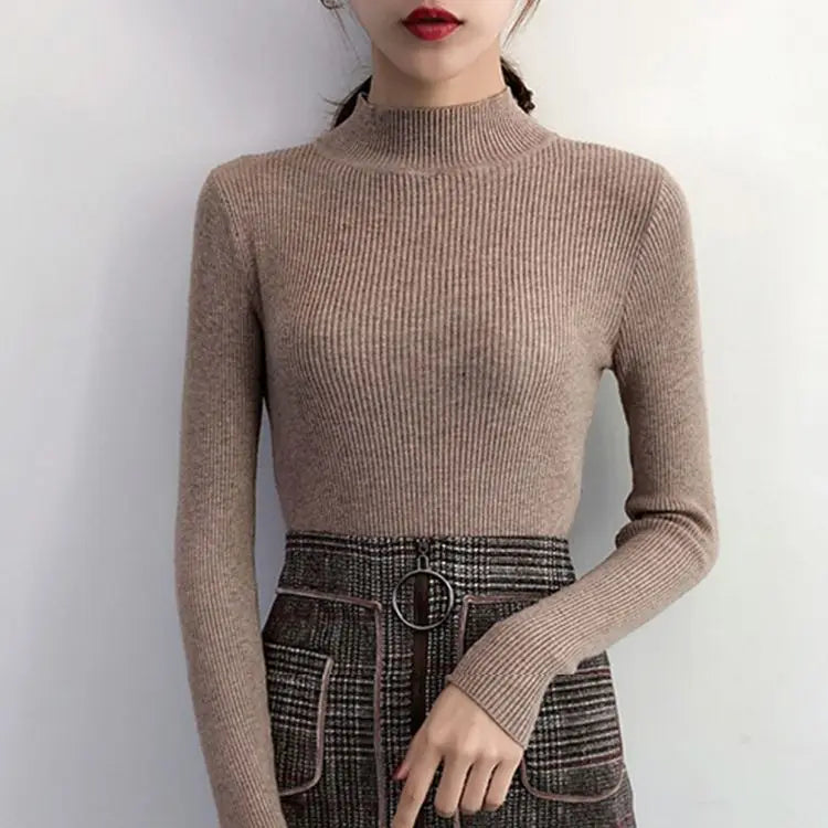 Autumn Winter Mock Neck Women Sweater Vintage Basic Solid