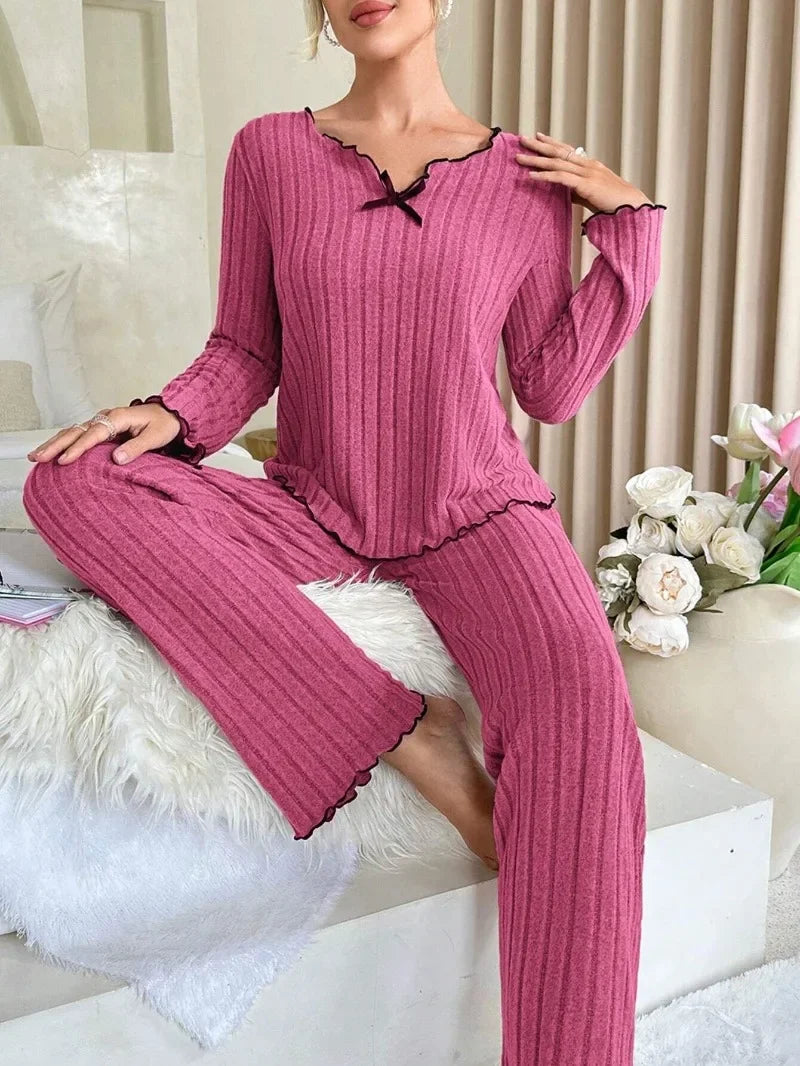 Women Autumn Winter Sleepwear Ribbed Pajamas Set Long Sleeve