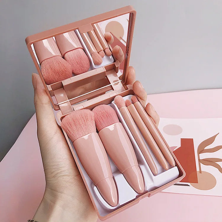 5pcs Mini Makeup Brush Set with Mirror - Multifunctional Travel