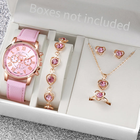 5/6PCS Fashion Women's Quartz Watch Leather Band Analog Wrist Watches Heart Rhinese Jewelry Set(Without Box)