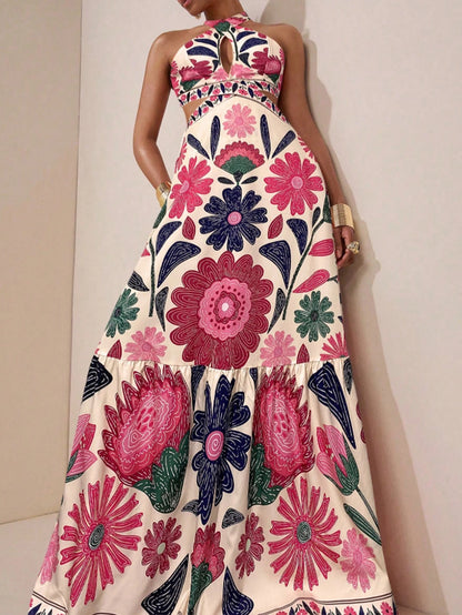 Women's Floral Halter Maxi Dress – Cutout Waist & Ruffle Hem