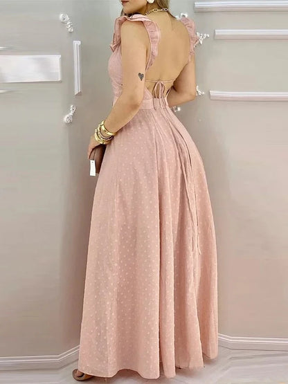 Women's Yellow Polka Dot Maxi Dress Ruffled Neckline Back Tie Side Slit