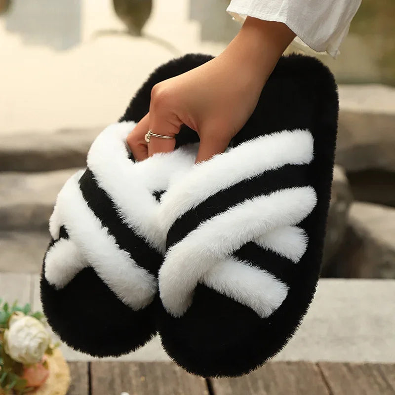 Luxury Faux Fur Cross Strap Slippers Women Winter