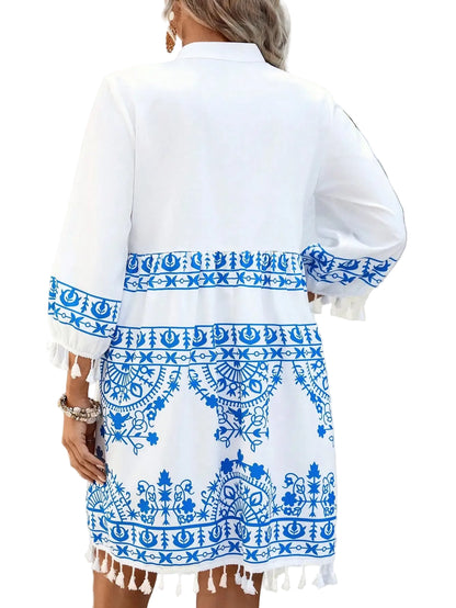 White background wavy pattern women's mid-length dress, casual, vacation style