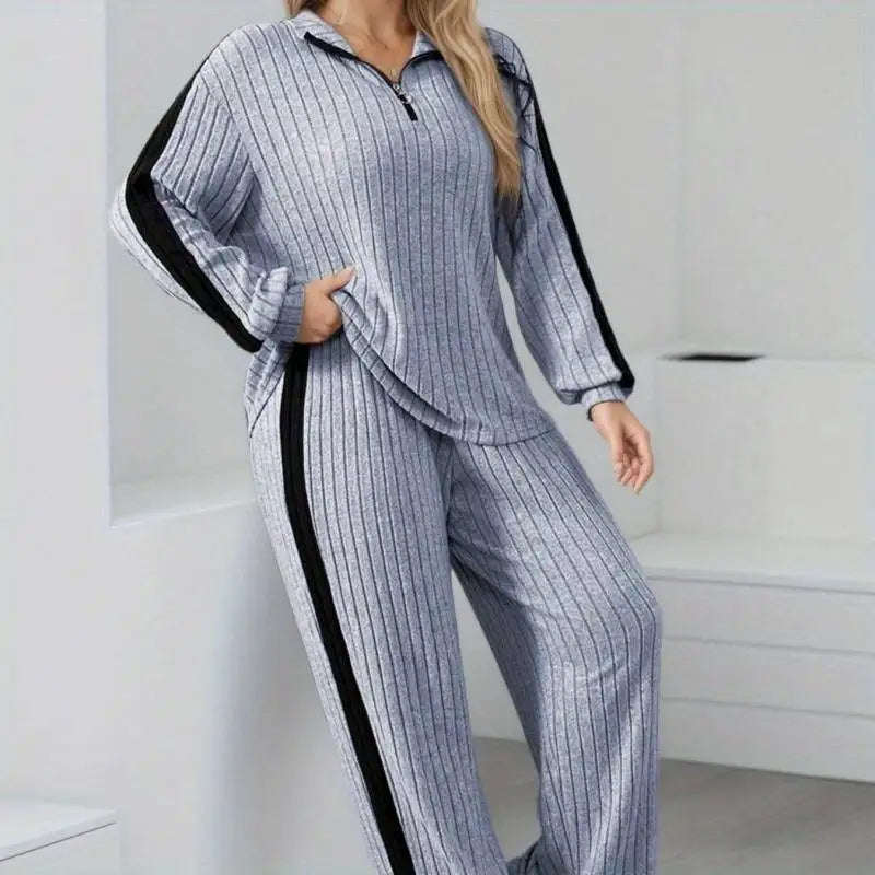 Elegant Casual 2-Piece Suit | Zipper Collar Long-Sleeve Top