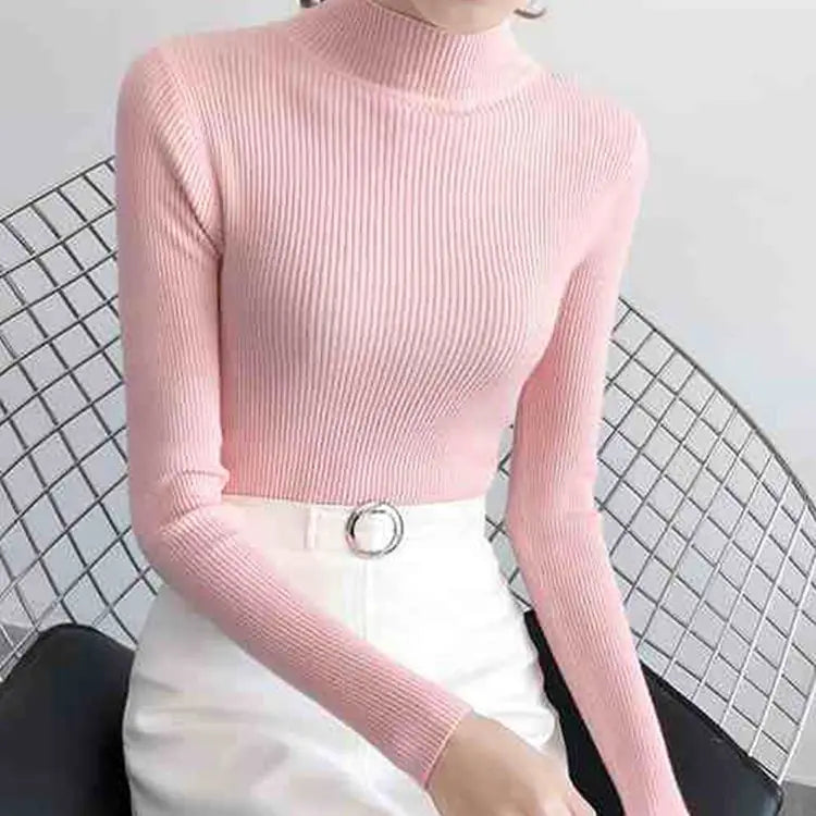 Autumn Winter Mock Neck Women Sweater Vintage Basic Solid