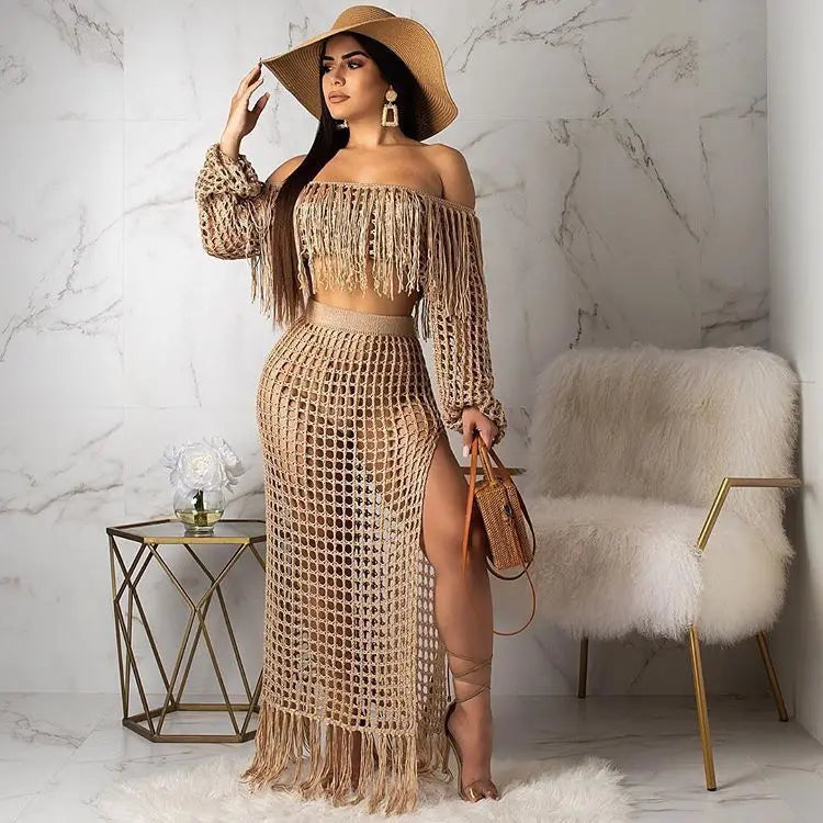 Skirt 2 Piece Set Women Beach Long Skirts Suit Top