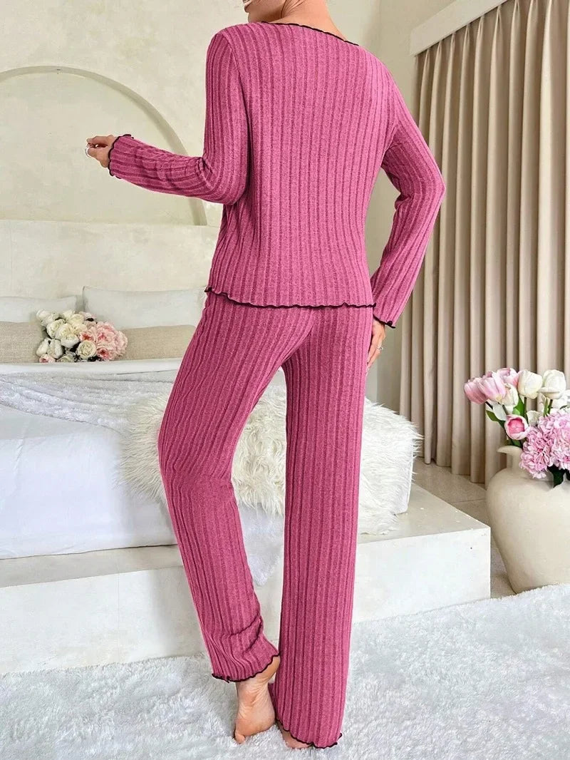 Women Autumn Winter Sleepwear Ribbed Pajamas Set Long Sleeve