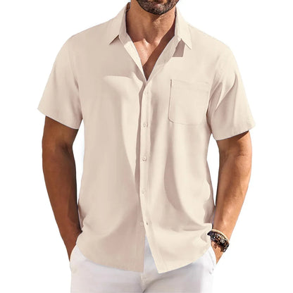Cotton Linen Breathable Shirt for Men Solid Color Turn Down Collar