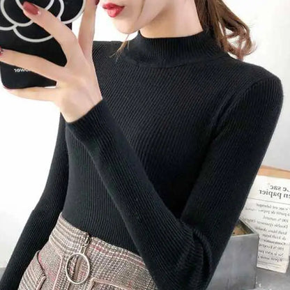 Autumn Winter Mock Neck Women Sweater Vintage Basic Solid