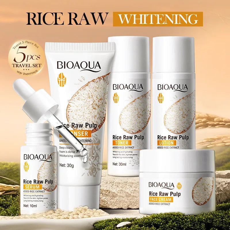 5pcs BIOAOUA Rice Raw Whitening Set Brighten Hydrating Moisturize