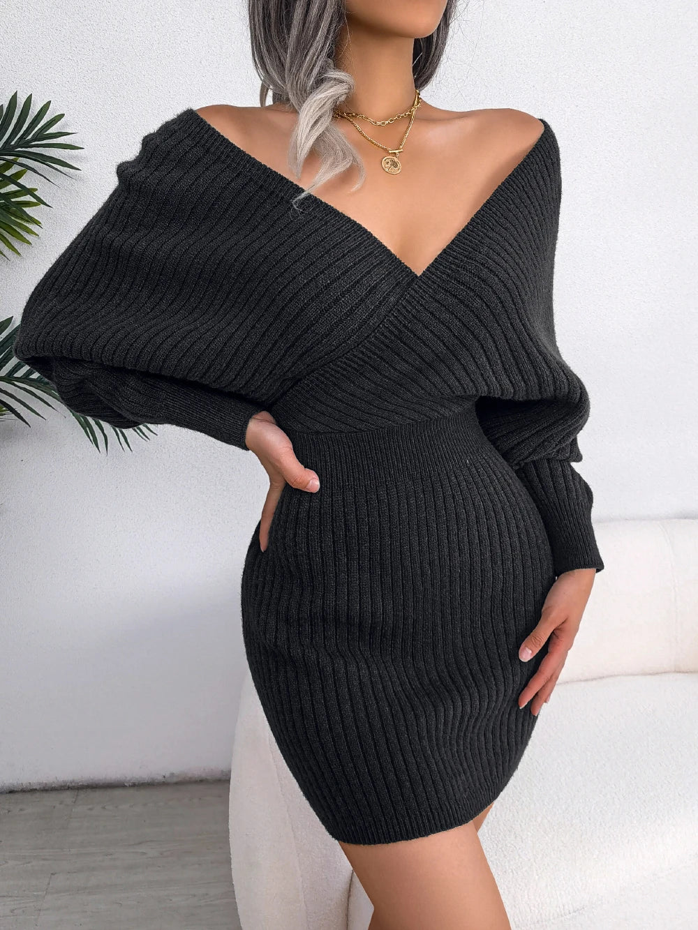 1) Bodycon Sweater Dresses For Women 2023 Autumn Winter Casual Long Sleeve Knitted Clothes White Green Blue Black Purple